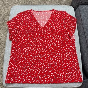 Red V-Neck Blouse with White Heart Pattern